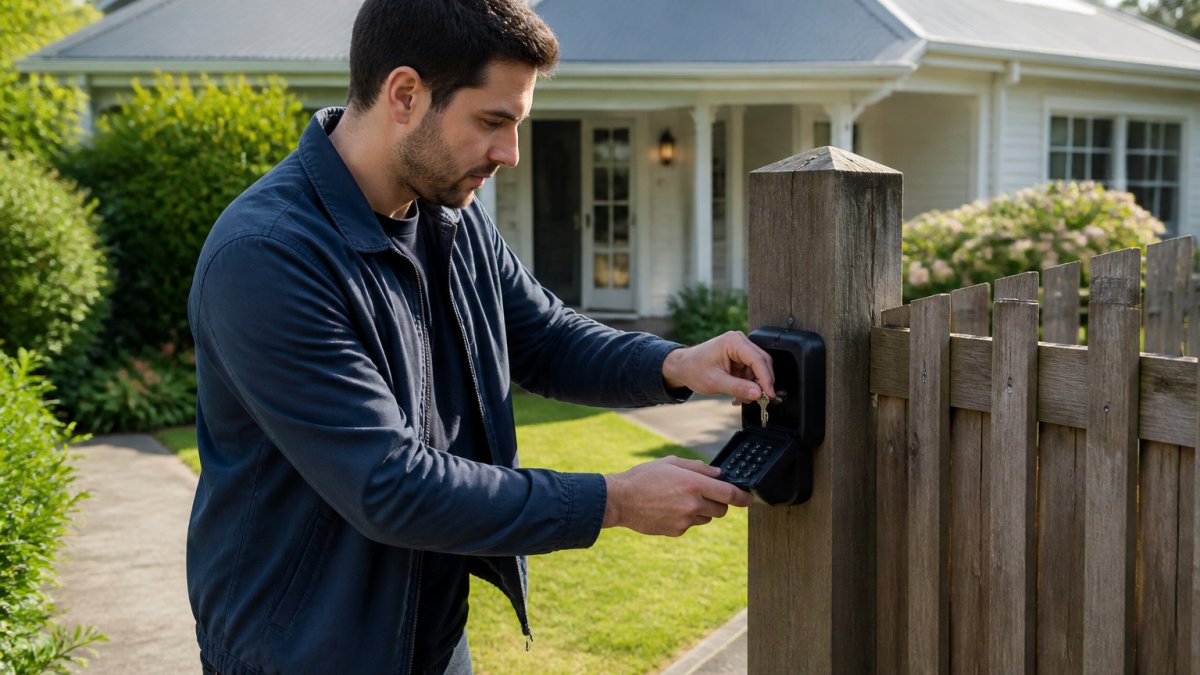 A person discreetly placing a spare house key inside a combination lockbox attached to a fence post, with a well-lit home exterior in the background