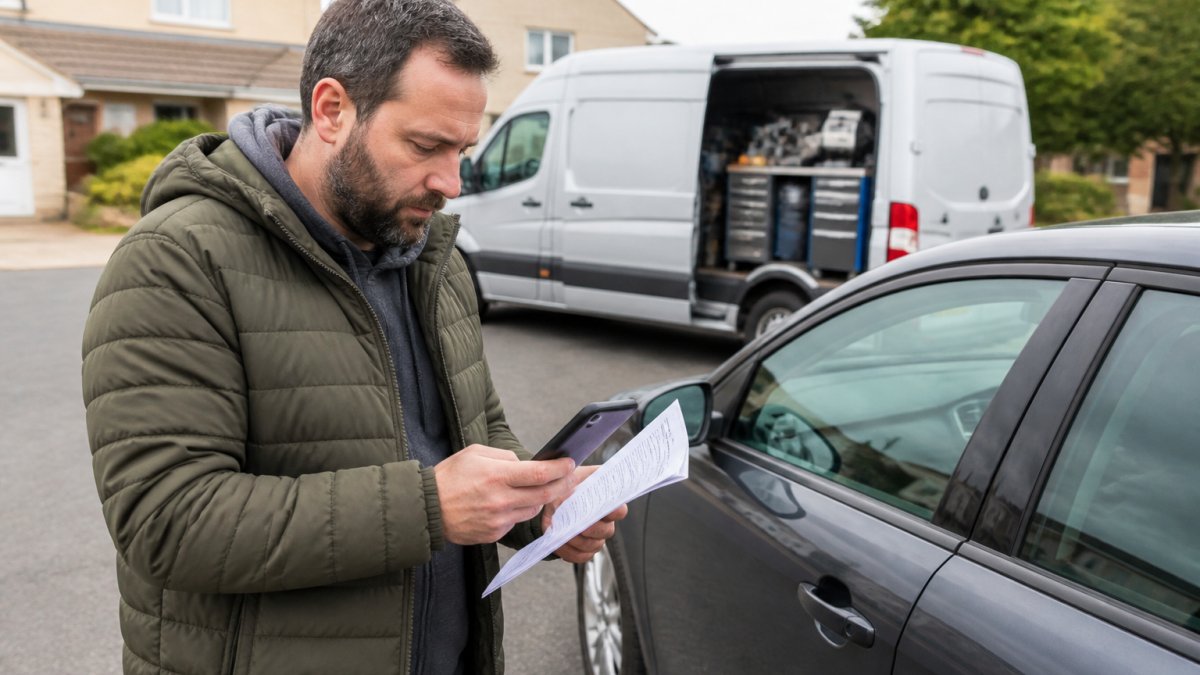 Car owner holding their phone while standing next to their locked vehicle, looking at insurance policy documents on the phone screen, with a locksmith van visible in the background