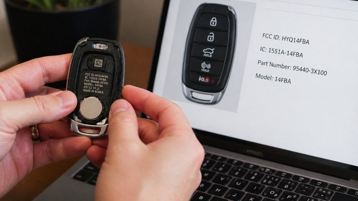 Comparing the FCC ID and part number on a key fob to match aftermarket key fobs online