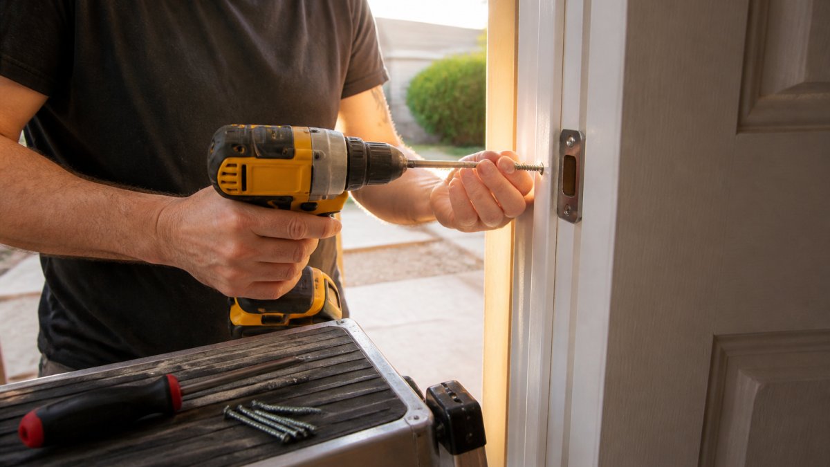 Homeowner using a power drill to install 3-inch screws into a strike plate to help secure exterior doors.