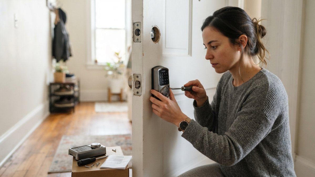 A renter's hand installing a smart lock keypad on an apartment door, showing the door frame, deadbolt mechanism, and installation hardware in clear daylight