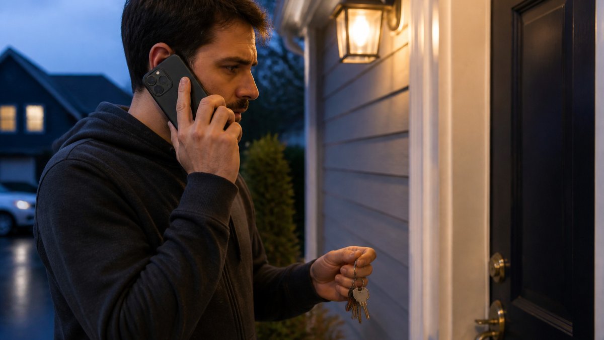 Homeowner at their front door at dusk calling an emergency locksmith for help with locked keys
