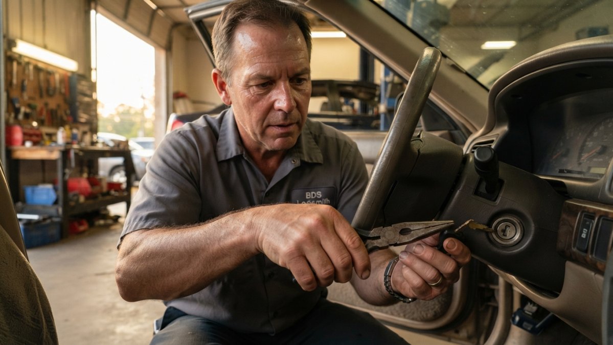 Close-up of a hand using needle-nose pliers to carefully grip and extract a broken key fragment from a car ignition lock cylinder with proper lighting