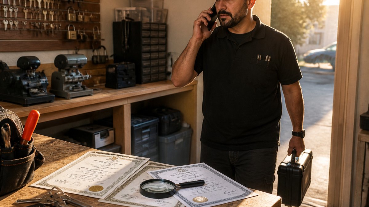 Locksmith credentials, license, and insurance documents on a desk for a reliable emergency locksmith.