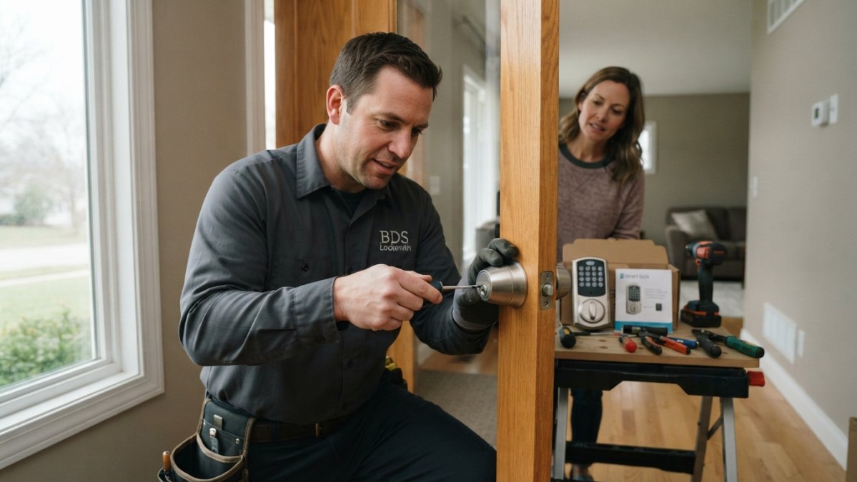 Professional locksmith's hands installing a smart lock cylinder into a residential door frame, with the exterior and interior components visible on a workbench nearby