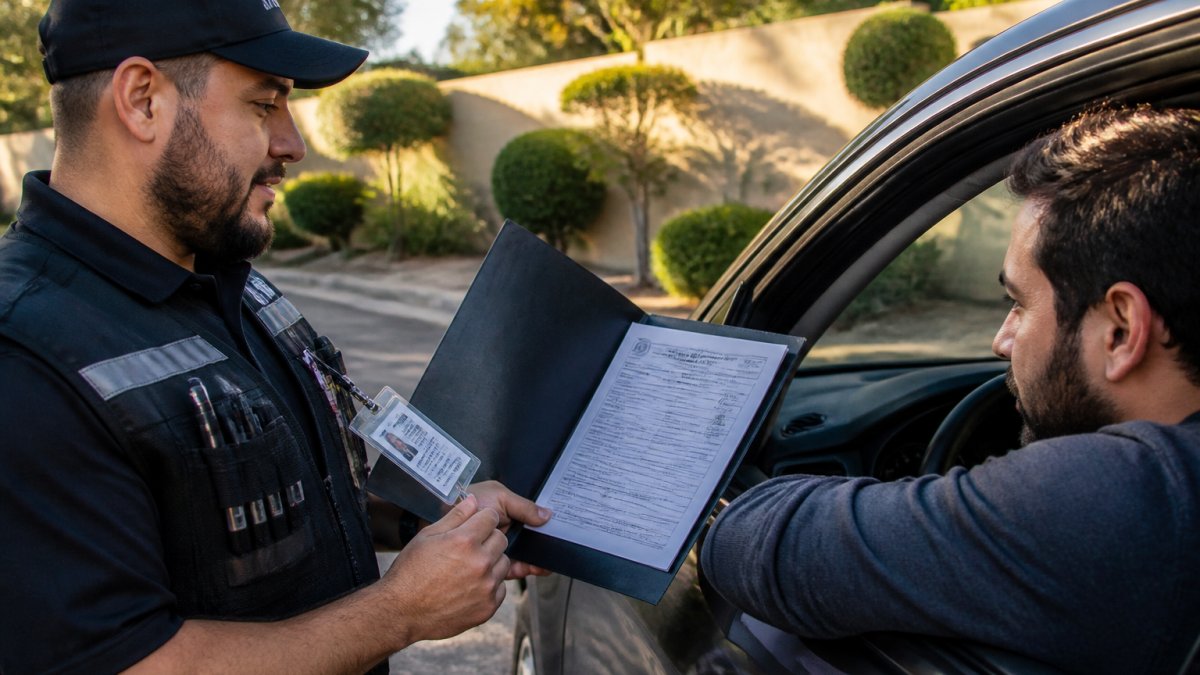 Professional locksmith in uniform displaying state license and insurance documentation to customer at vehicle window, with credential badges visible and natural outdoor lighting