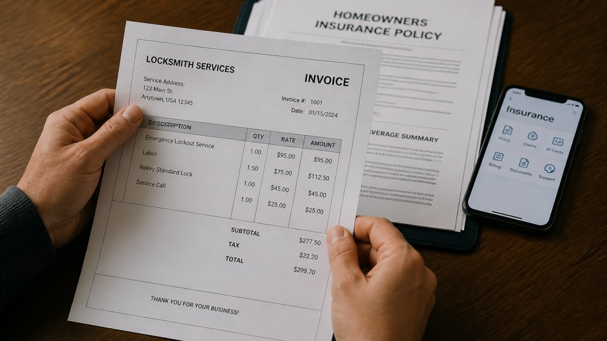 Close-up of hands holding an itemized locksmith invoice and insurance policy documents on a table, with a smartphone nearby showing an insurance app