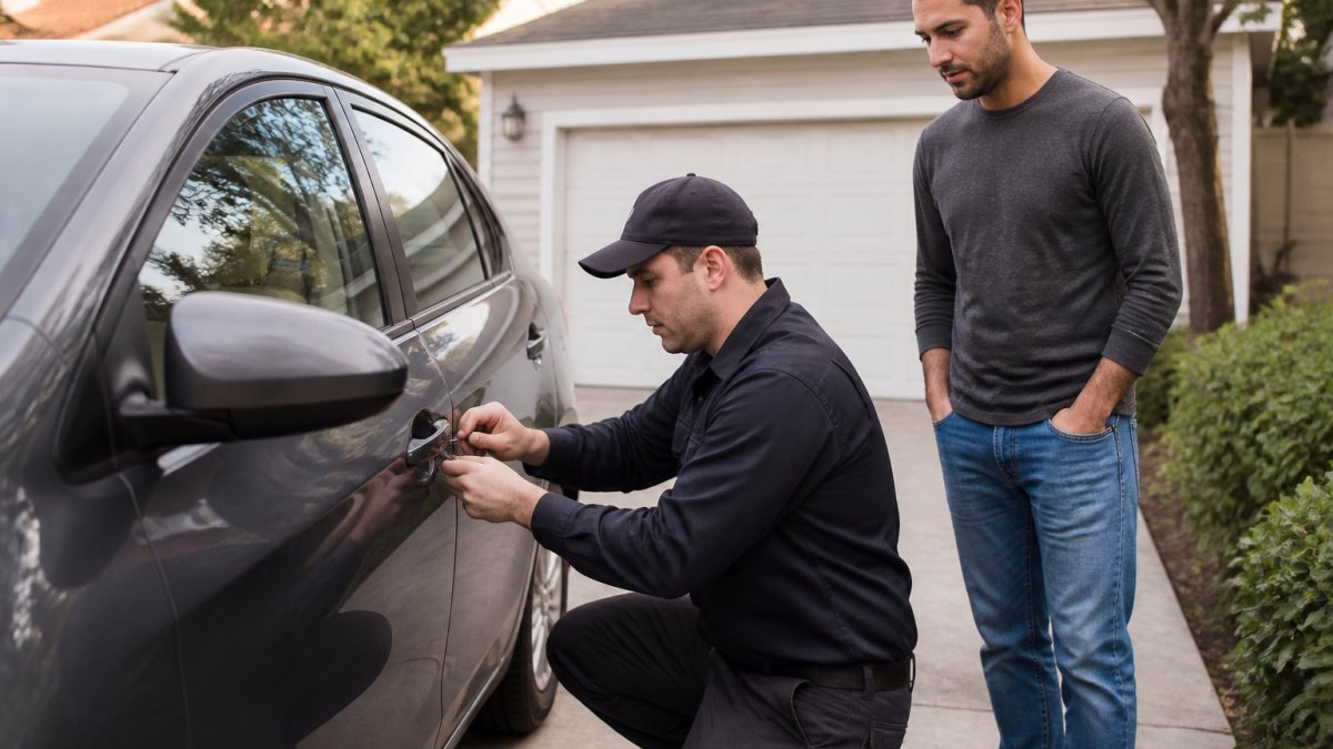 Professional locksmith in uniform examining a car door lock while vehicle owner watches nearby, both appearing confident in daylight on residential driveway
