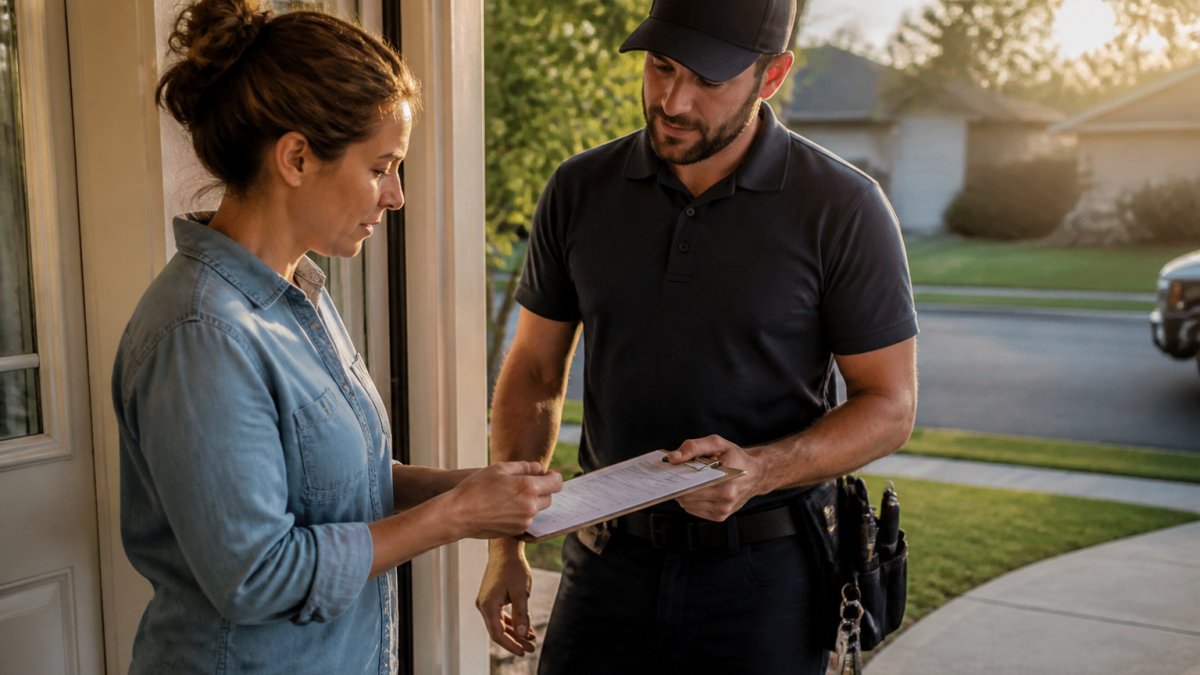 Homeowner reviewing a written locksmith estimate on clipboard while speaking with a licensed technician at their front door
