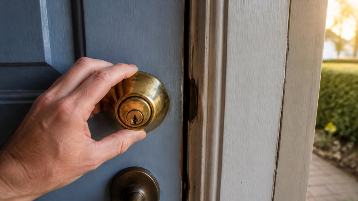 Close-up of a homeowner's hand wiggling a loose brass deadbolt on a painted front door, a visible gap between the lock face and the door frame, afternoon light raking across the door
