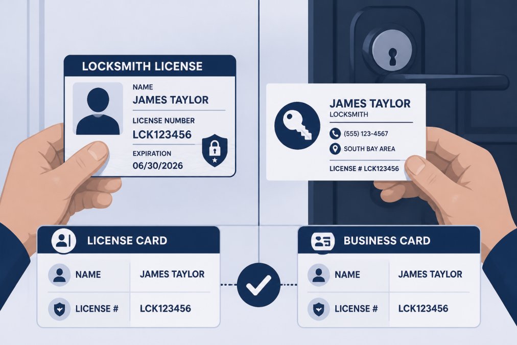 A homeowner comparing a locksmith license and business card to verify locksmith credentials at a front door.