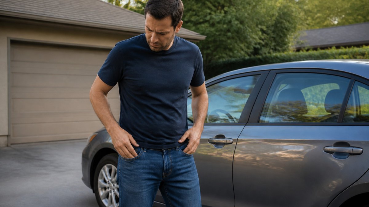 Person patting their pockets while searching for missing car keys near a parked sedan