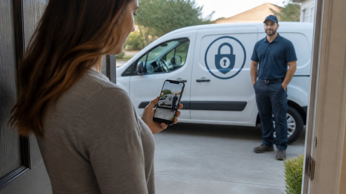 A homeowner standing at an open front door, phone in hand, checking the side of a clearly branded locksmith service van parked in the driveway while a uniformed technician waits nearby